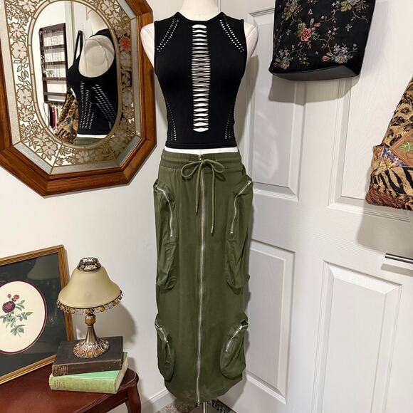 NWT Love Highlight Army Green Drawstring Cargo Maxi Skirt w Working Zippers S - Picture 2 of 7